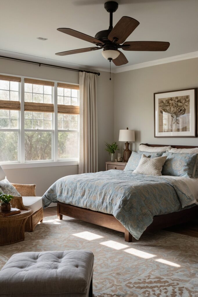 A comfortable guest bedroom designed for optimal air quality, featuring large windows that open easily to allow fresh air in, complemented by an elegant air purifier placed in the corner of the room, a stylish ceiling fan provides additional ventilation for warmer days, the room is decorated in calming neutral tones with cozy furnishings and soft bedding, creating a refreshing and relaxing environment