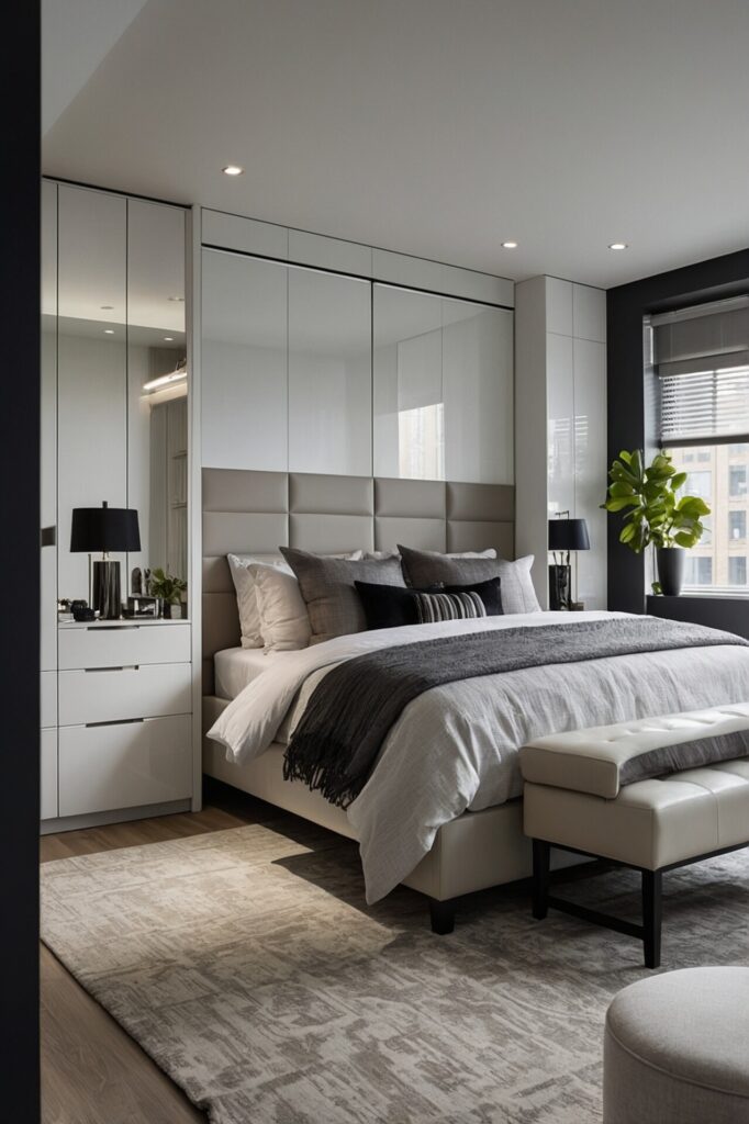 Contemporary and sleek bedroom with a monochromatic color scheme, featuring a large bed with a cushioned headboard and grey and white bedding. The room is accentuated with mirrored cabinets that enhance the sense of space and reflect light, while a soft, patterned rug adds texture underfoot. A small leather bench sits at the foot of the bed, and a black lamp and a potted plant bring a touch of contrast and greenery to the modern, minimalistic design.