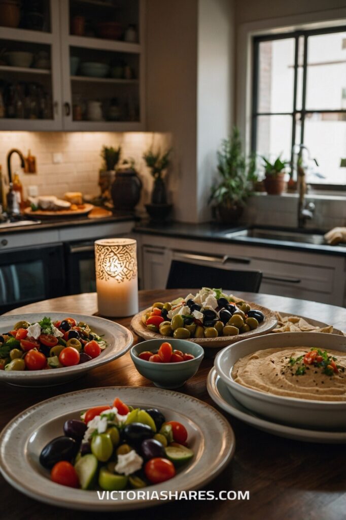 A cozy kitchen table set with plates of Mediterranean-inspired dishes, including olives, hummus, and salads, illuminated by a decorative candle for a warm, inviting ambiance.