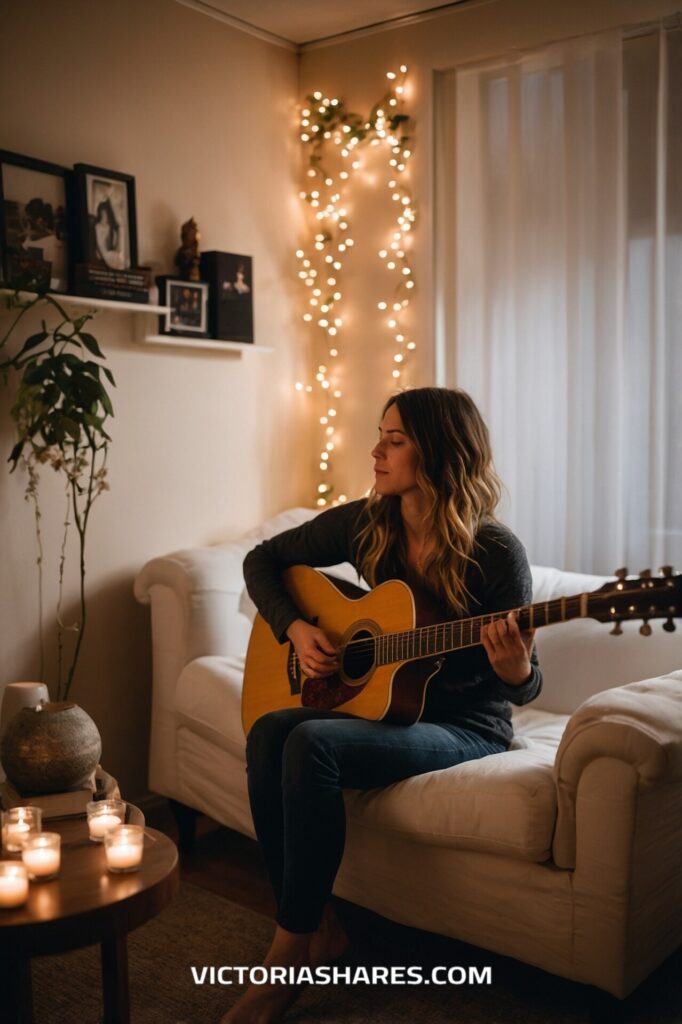 A woman playing an acoustic guitar in a cozy, softly lit room with string lights and candles, creating a peaceful and intimate atmosphere.