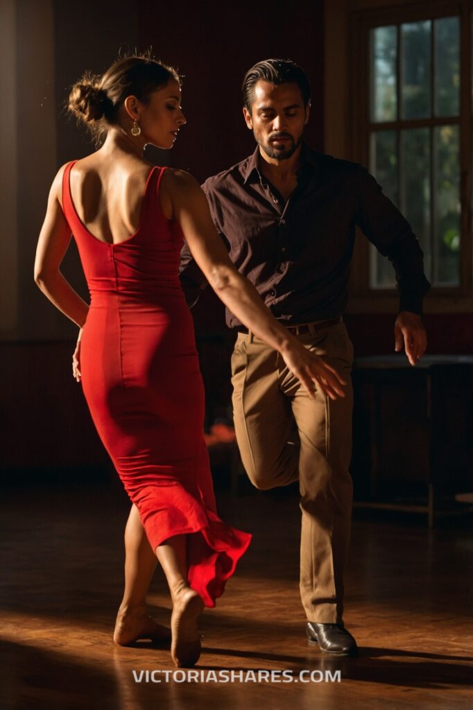 A couple dancing in warm lighting, with the woman in a red dress and the man in dark clothing, evoking a passionate and elegant mood. Seasonal Entertaining Ideas for Small Apartments