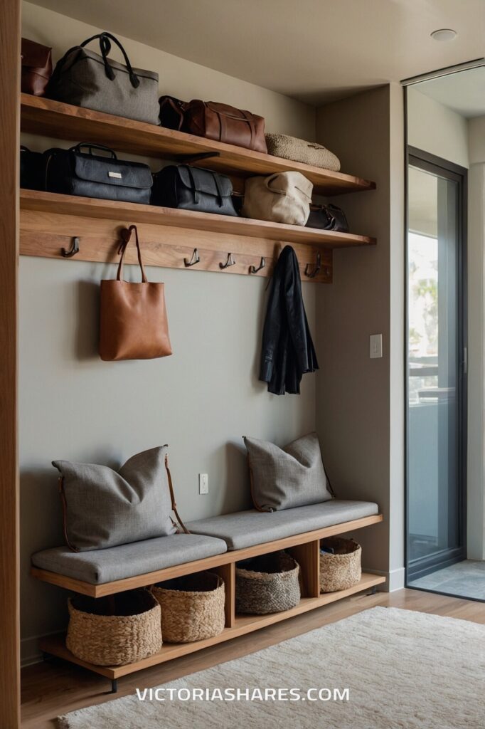 A well-organized entryway features shelves with bags, hooks holding jackets and a tote, and woven baskets under a cushioned bench, ideal for a quick cleanup to maintain neatness.