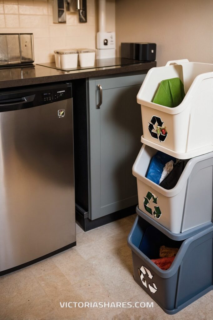 A compact recycling station in a small apartment kitchen, featuring stacked bins with recycling symbols next to stainless steel appliances and modern cabinetry.