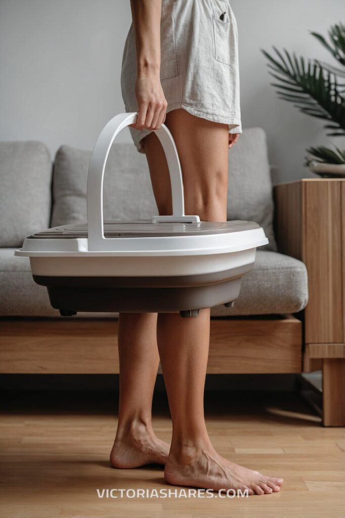 Person holding a portable foot spa in a cozy small space spa setting, ready for a relaxing at-home pedicure experience.