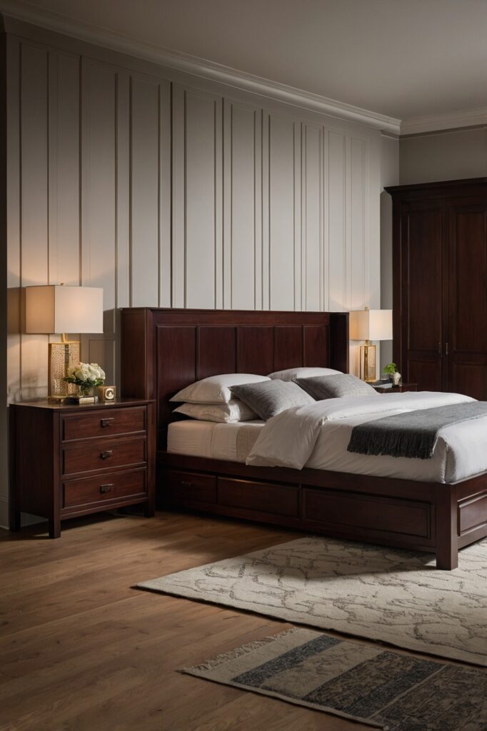 Elegant bedroom with a classic design, featuring a large wooden bed frame with white bedding and grey accent pillows. The room is complemented by matching dark wood nightstands on either side, each topped with a lamp and decorative items. The walls are adorned with vertical paneling, adding a sophisticated touch, while a plush area rug lies on the wooden floor, enhancing the room's warm and inviting atmosphere.