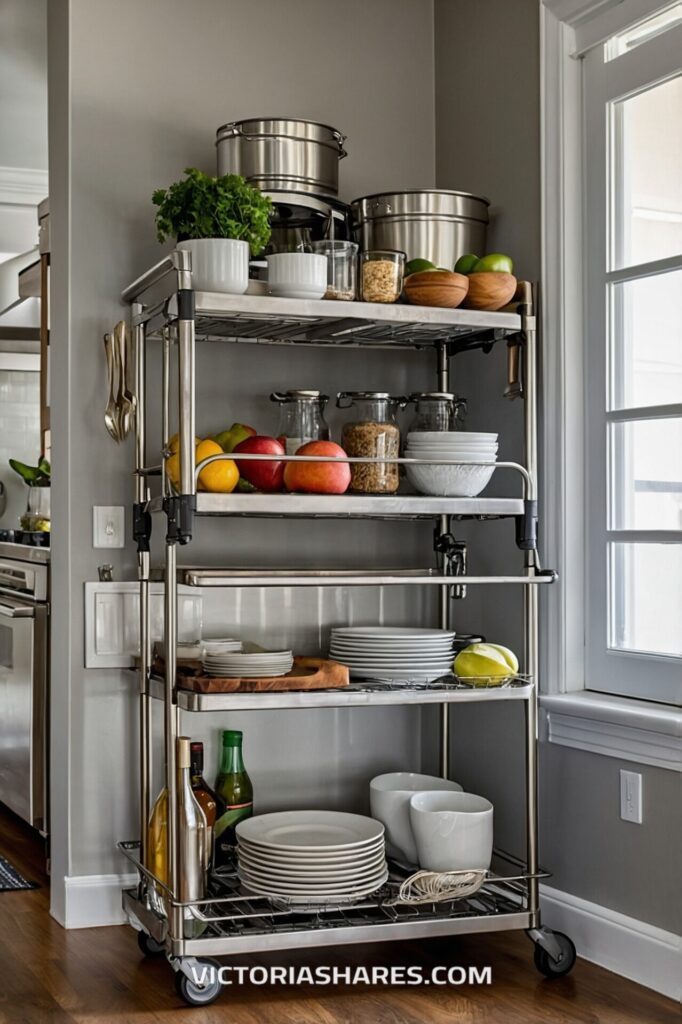 A metal storage rack on wheels holds dishes, cookware, fruits, and pantry items, maximizing space in a bright, compact kitchen.