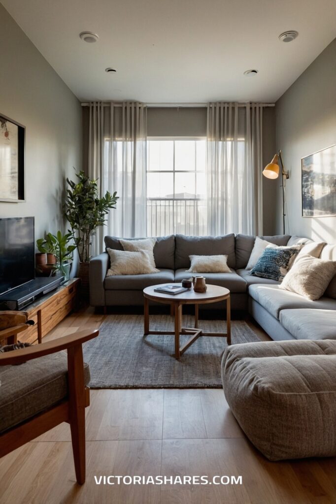 Cozy living room in a small apartment featuring a gray sectional sofa, round coffee table, indoor plants, and soft natural lighting.