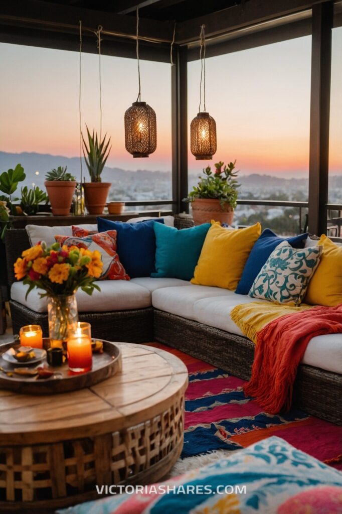 Cozy rooftop setup with colorful pillows, warm lighting, potted plants, and candles on a wooden table, overlooking a sunset view. Seasonal Entertaining Ideas for Small Apartments