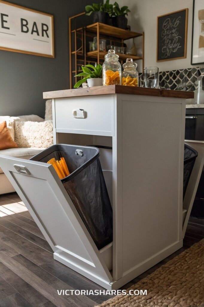 A kitchen island with a wooden top featuring pull-out trash bins below, glass jars with snacks, and plants for decor. Quick Cleanup Tips.