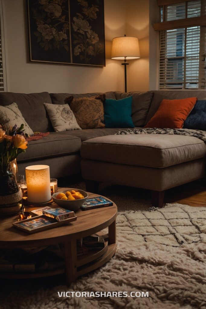 A cozy living room in a small apartment with a sectional sofa, colorful pillows, a soft rug, and a warm-lit coffee table with candles and snacks.