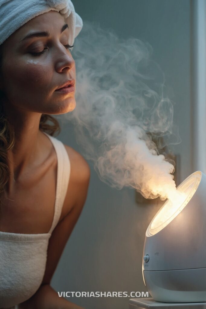 Woman enjoying a facial steam treatment in a small space spa, eyes closed and wrapped in a towel, with soothing mist enveloping her face.