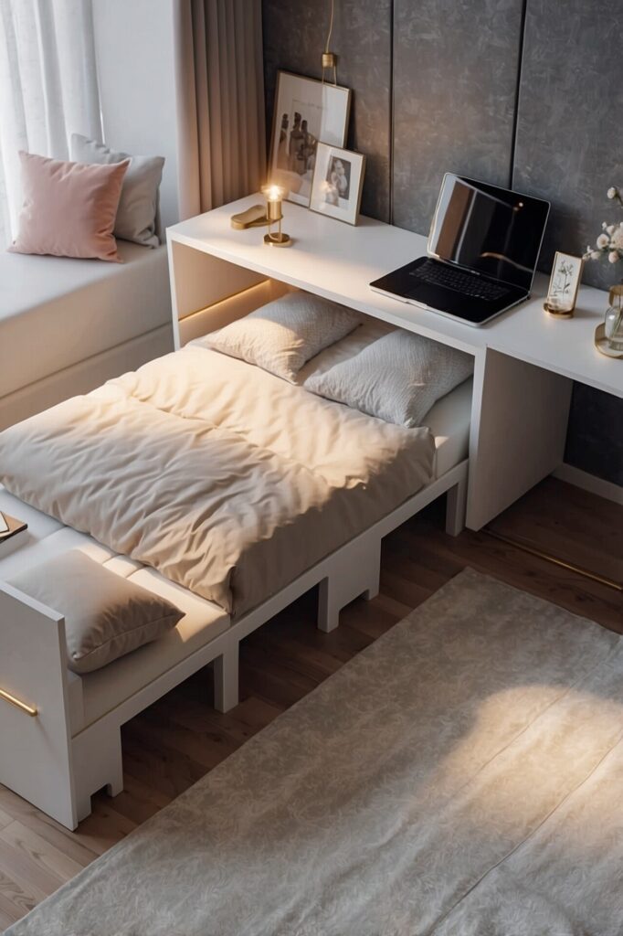 A small, multifunctional bedroom setup featuring a sleek, modern design. A bed with cream-colored bedding is partially tucked under a minimalist white desk. On the desk, a laptop is open, next to a framed photograph, a small lamp with a warm glow, and a vase with delicate flowers. The room has a soft and cozy ambiance with light streaming in from a window, partially covered by sheer curtains. A bench at the foot of the bed holds a matching pillow, while the floor is covered with a light beige textured rug.

