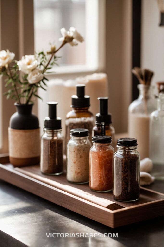 Assortment of natural scrubs and salts in glass jars arranged on a wooden tray, enhancing the small space spa's earthy, tranquil vibe.