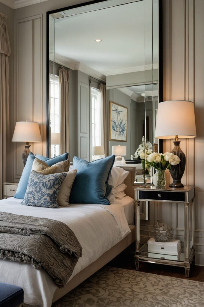 A cozy, well-decorated bedroom showcasing a bed adorned with multiple pillows in blue and cream tones. A large mirror above the bed reflects the room’s soothing grey walls and soft lighting from two matching bedside lamps. A bedside table holds a bouquet of white flowers, enhancing the serene ambiance of the room