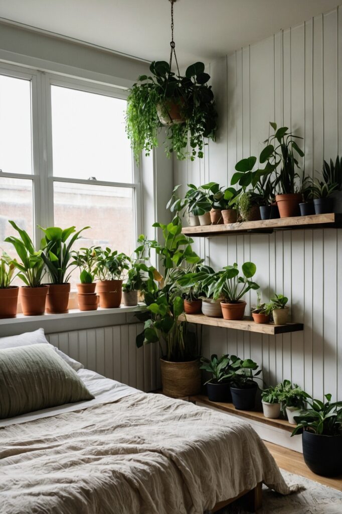 Bright and refreshing bedroom filled with an abundance of greenery, featuring a cozy bed with neutral bedding and a soft green pillow. The room is adorned with numerous potted plants placed on the windowsill, shelves, and floor, creating a lush, indoor garden feel. A hanging plant from the ceiling adds to the verdant ambiance, while natural light streams in through the window, enhancing the tranquil and serene atmosphere.