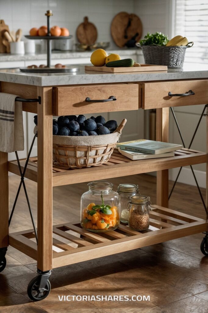 A wooden kitchen cart with a marble top holds fresh produce, including lemons and blueberries, alongside jars of pantry items, creating a versatile prep space in a small kitchen.