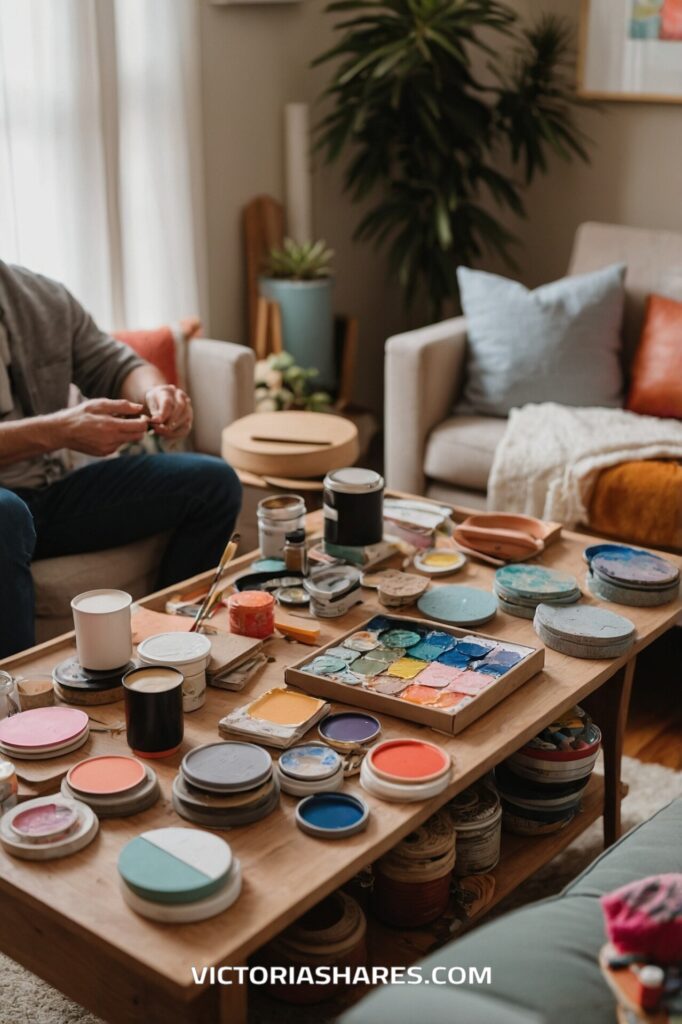 A cozy living room with an art setup on a wooden coffee table, featuring paint supplies, brushes, and color palettes, perfect for a creative afternoon at home.