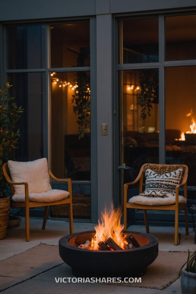 Cozy outdoor seating area with cushioned chairs around a warm fire pit, framed by soft indoor lighting and string lights visible through large windows. Seasonal Entertaining Ideas for Small Apartments