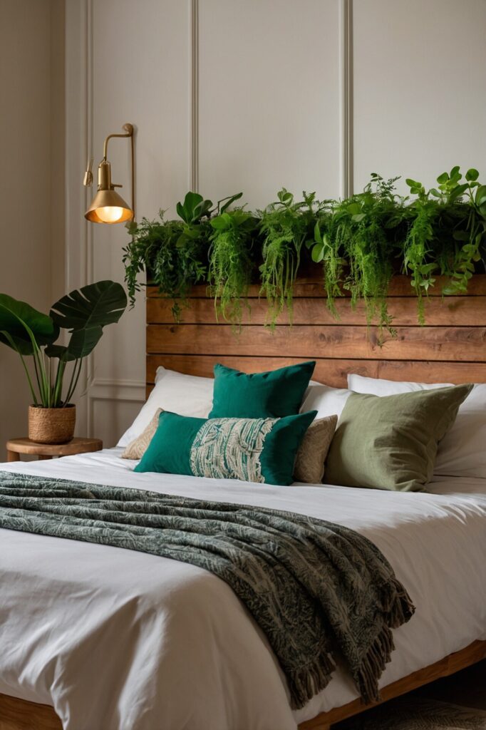 A lush living plant headboard made from a mix of green foliage and hanging plants, mounted on a vertical planter behind a bed in an eco-conscious bedroom, filled with natural wood furniture and soft, neutral textiles, warm ambient lighting enhancing the verdant, spa-like fee