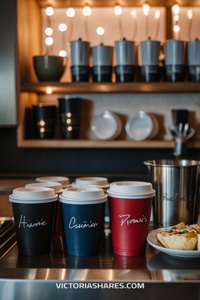 Labeled takeaway coffee cups are arranged on a counter with a plate of chips, set against a backdrop of cups and string lights, suggesting a quick cleanup after a gathering.