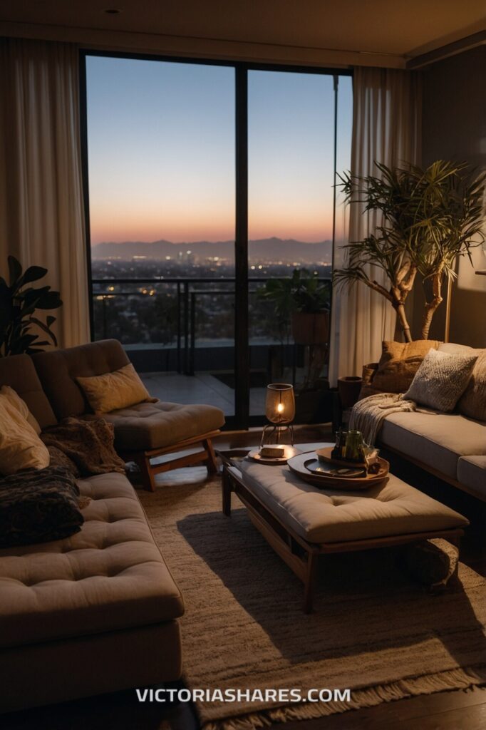 A cozy small apartment living room with soft lighting, comfortable seating, and a balcony view overlooking a sunset skyline, creating a warm and relaxing ambiance.