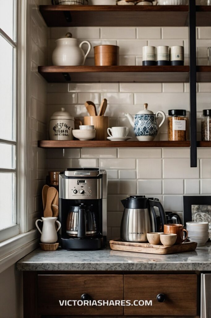 A small kitchen coffee nook featuring a coffee maker, a kettle, mugs, and neatly arranged wooden shelves with jars and utensils, creating a cozy beverage station.