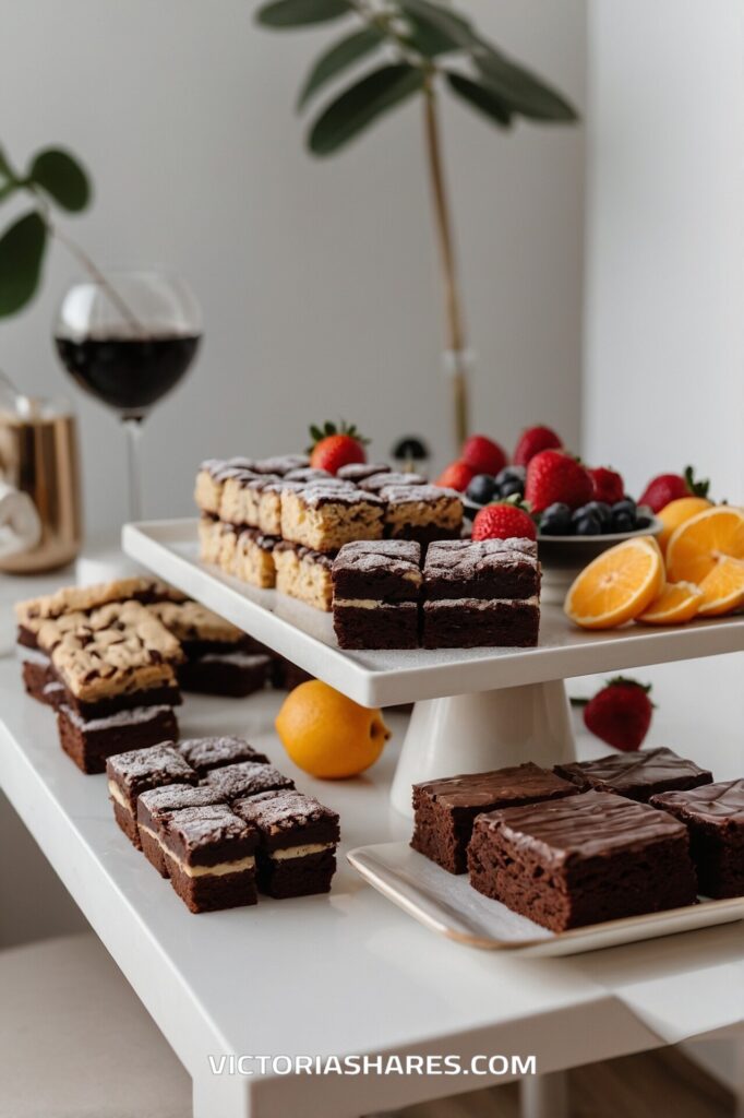 A dessert table featuring a variety of brownies, layered treats, fresh berries, and sliced oranges, perfect for a small gathering in an intimate apartment setting.