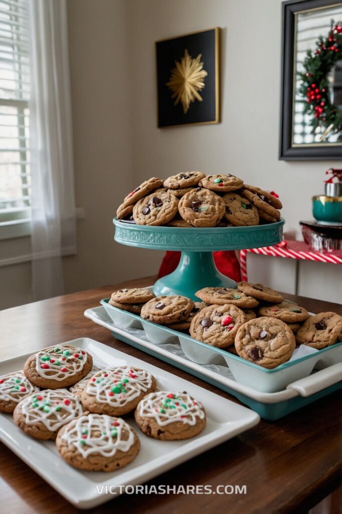 Festive holiday cookies on display, with decorated cookies and chocolate chip varieties arranged on platters and a teal cake stand. Seasonal Entertaining Ideas for Small Apartments