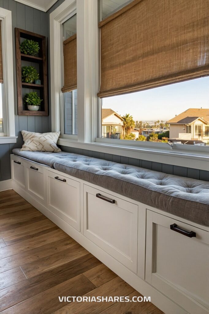 A long window seat with tufted grey cushions and built-in storage drawers underneath provides a comfortable seating and storage solution, ideal for maximizing space in small apartments.