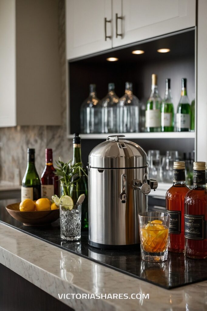 A drink station features a stainless steel beverage dispenser, bottles of mixers, a bowl of lemons, and glasses with citrus, ready for a quick cleanup after use.