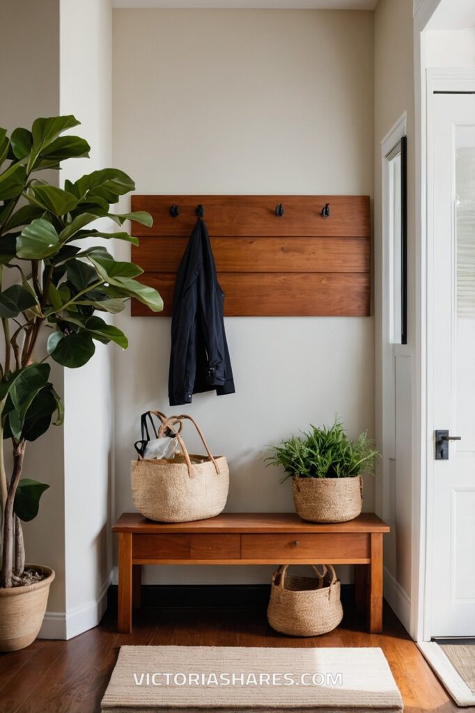 A tidy small apartment entryway with a wooden bench, wicker baskets, a coat hook with a jacket, and a potted plant, creating a functional and welcoming space.