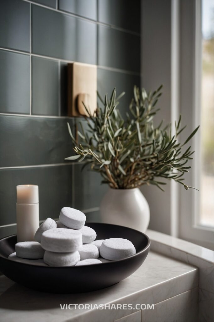 Stack of white spa tablets in a black bowl, accompanied by a small candle and a potted plant, creating a clean, calming small space spa vibe.