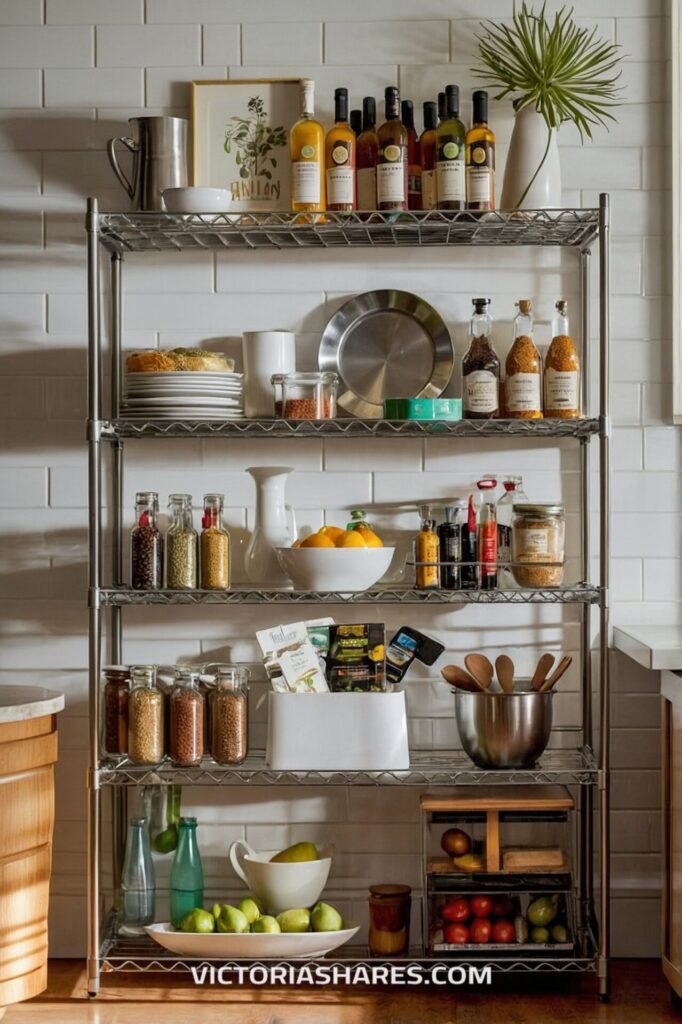 A metal shelving unit neatly organizes bottles, jars, and kitchen essentials, including oils, spices, fruits, and utensils, creating efficient storage in a small kitchen space.