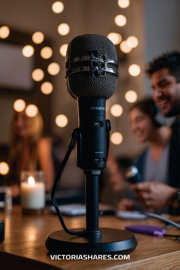 Close-up of a microphone on a stand, with blurred string lights and people in the background, creating a fun and cozy setting for a karaoke session.