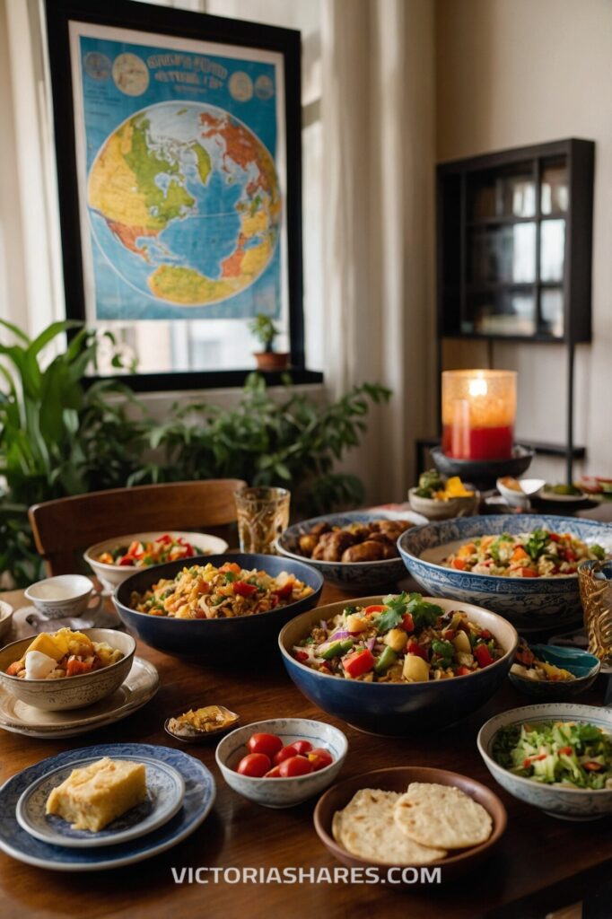 Colorful, globally inspired dinner spread featuring various bowls of salads, grains, and vegetables, set in a cozy apartment with a world map backdrop. Seasonal Entertaining Ideas for Small Apartments