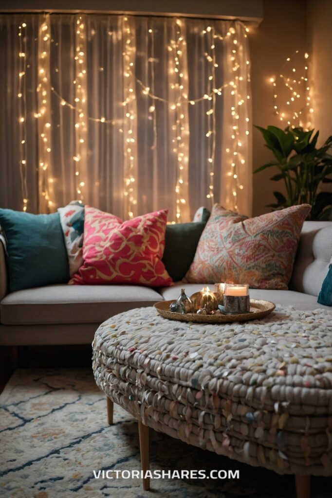 A cozy living room with string lights hanging behind a sofa filled with colorful cushions. A candlelit tray sits on a textured ottoman, creating a warm, inviting atmosphere, ready for a quick cleanup after relaxing.