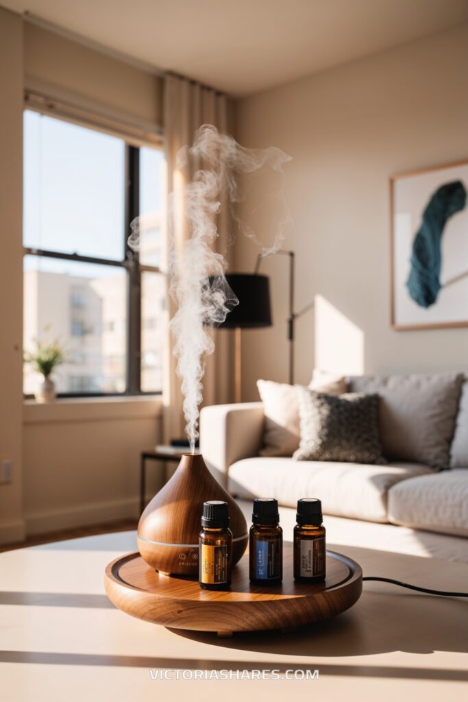 A calming small apartment scene featuring an essential oil diffuser releasing mist, with bottles of oils arranged on a wooden tray, and a cozy sofa in the background.