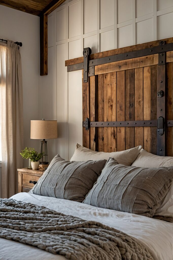 A custom-built barn door headboard made from reclaimed wood planks and metal hardware, installed behind a bed in a rustic bedroom with country-style furnishings and a neutral color palette, soft sunlight filtering through linen curtains, emphasizing the headboard's distressed finish and farmhouse aesthetic