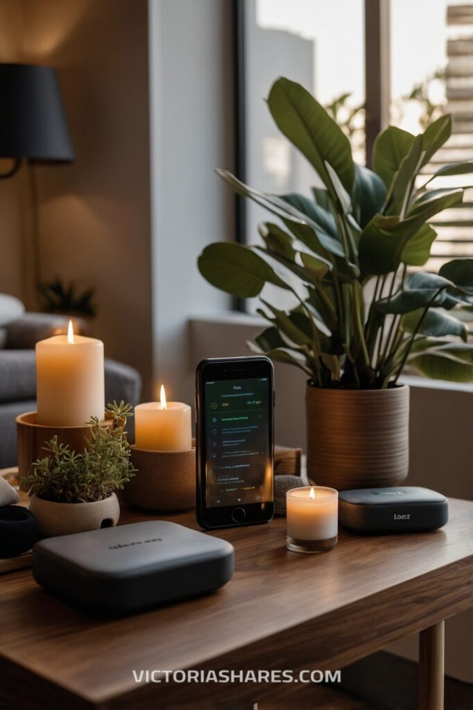 Small space spa relaxation setup with lit candles, a smartphone displaying a calming playlist, potted plants, and earphones on a wooden table.