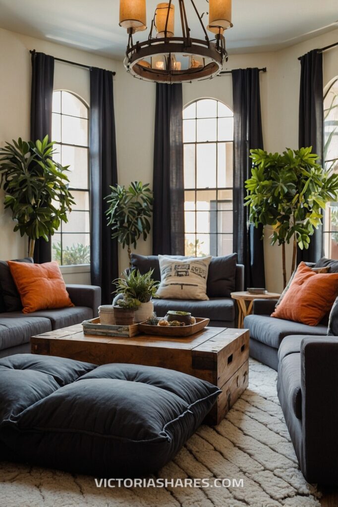 Cozy living room with large windows, gray sofas accented with orange pillows, potted plants, and a rustic wooden coffee table, centered under a warm chandelier, creating a relaxed atmosphere for a gathering.