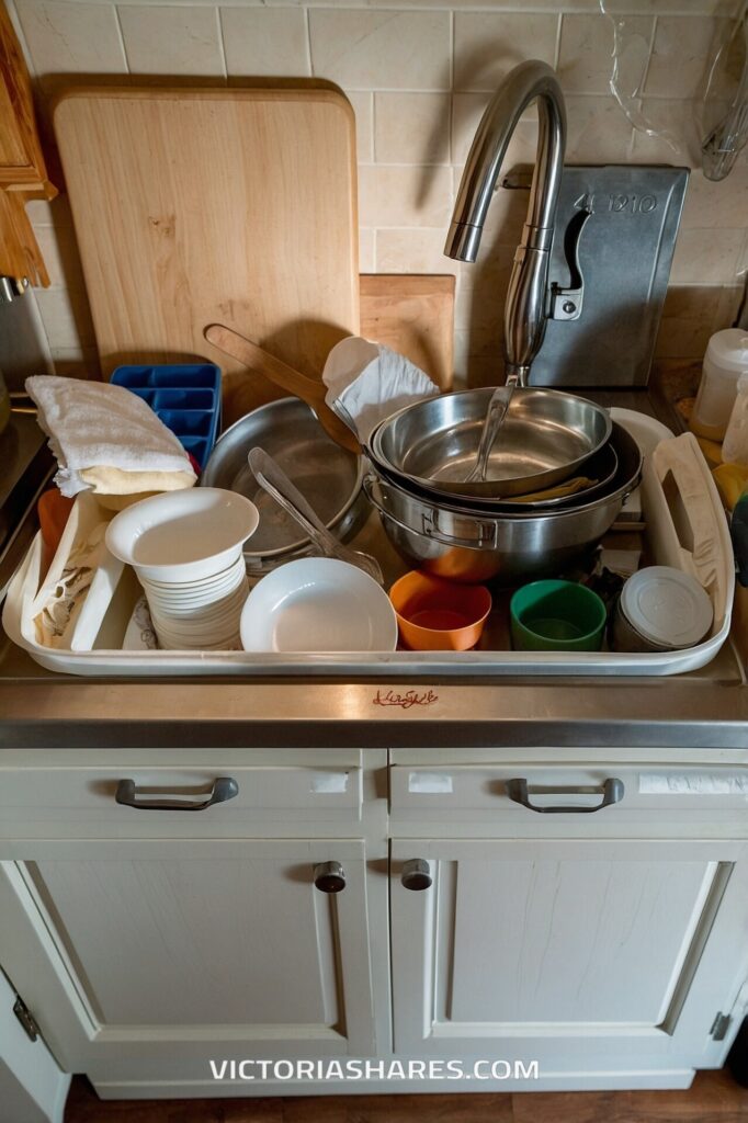 A drying rack filled with clean dishes, including bowls, pans, and utensils, sits by the kitchen sink on a compact countertop, making the most of the small kitchen space.