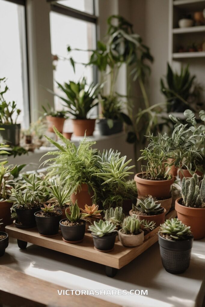 A bright and airy indoor garden with a variety of potted plants, including succulents and ferns, arranged on a windowsill and table, perfect for a small apartment.