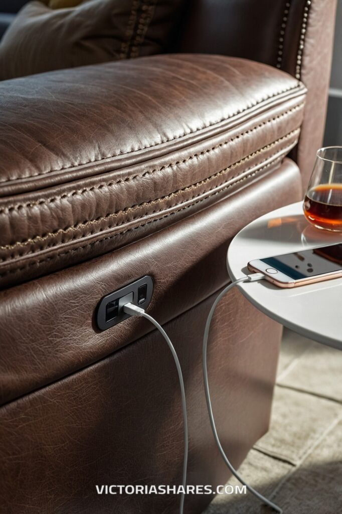 A brown leather recliner with built-in USB charging ports has a phone connected and resting on a nearby side table, offering both comfort and convenient tech integration for small apartment living.