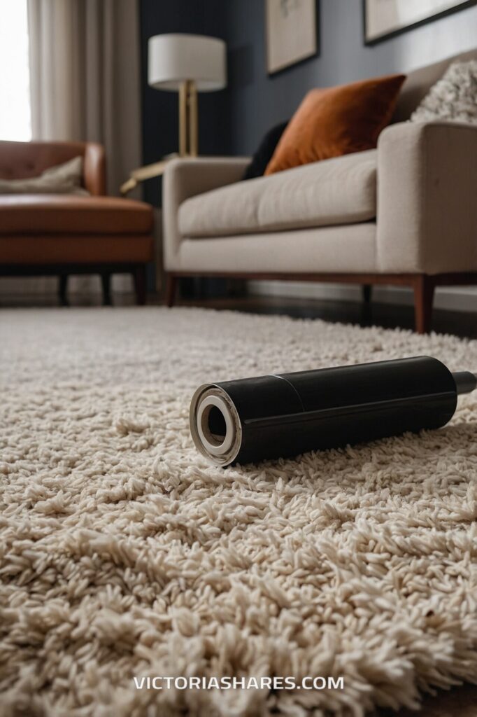 A lint roller lies on a soft, plush rug in a cozy living room with a beige sofa and orange accent pillow, suggesting a quick cleanup of lint or pet hair.