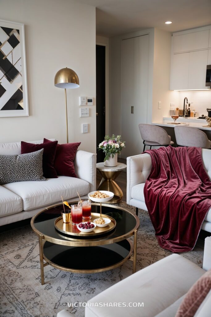 A chic small apartment living room with white sofas, rich burgundy accents, a gold coffee table set with snacks and drinks, and a modern kitchen in the background.