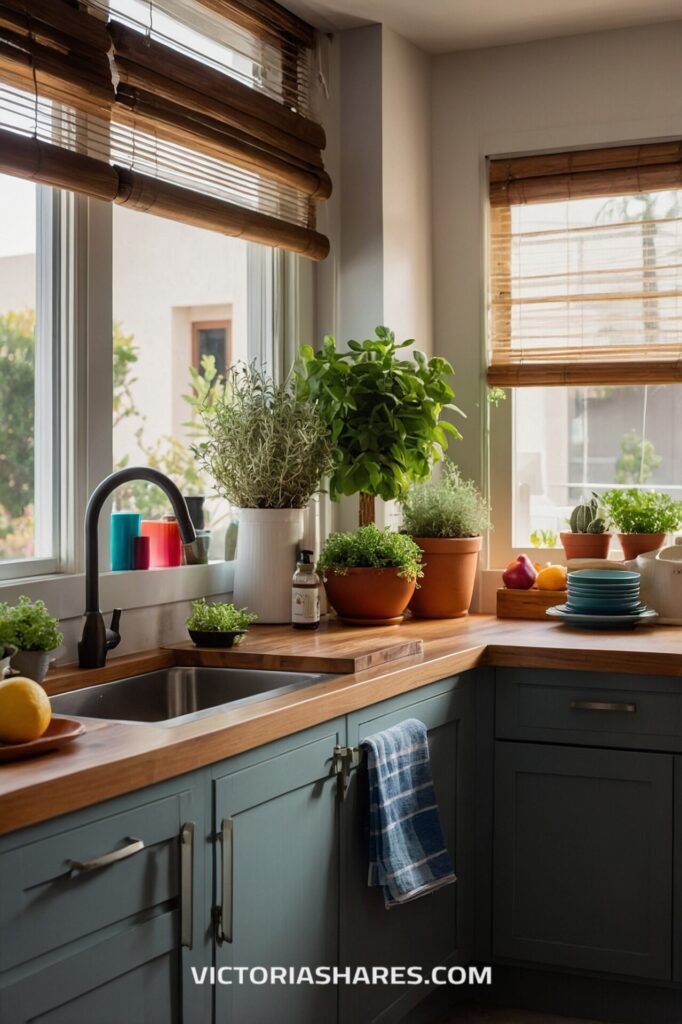 A bright and cozy kitchen corner features potted herbs and colorful dishware on wooden countertops, with natural light streaming through the windows.