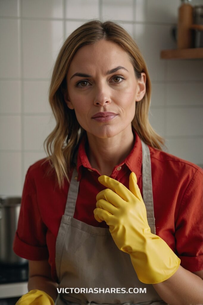 A woman wearing a red shirt, apron, and yellow cleaning gloves stands in a kitchen, prepared for a quick cleanup task.