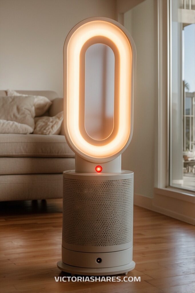 A modern air purifier with a sleek, glowing design placed on wooden floors in a cozy small apartment living room, adding both function and aesthetic appeal.