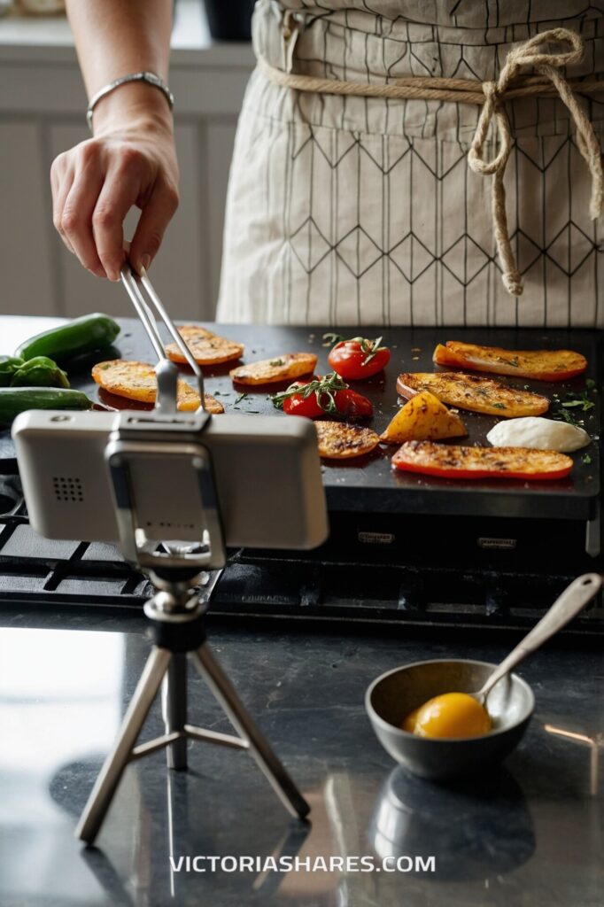 A person wearing an apron uses tongs to grill vegetables on a stovetop, while recording the cooking process with a smartphone mounted on a small tripod.