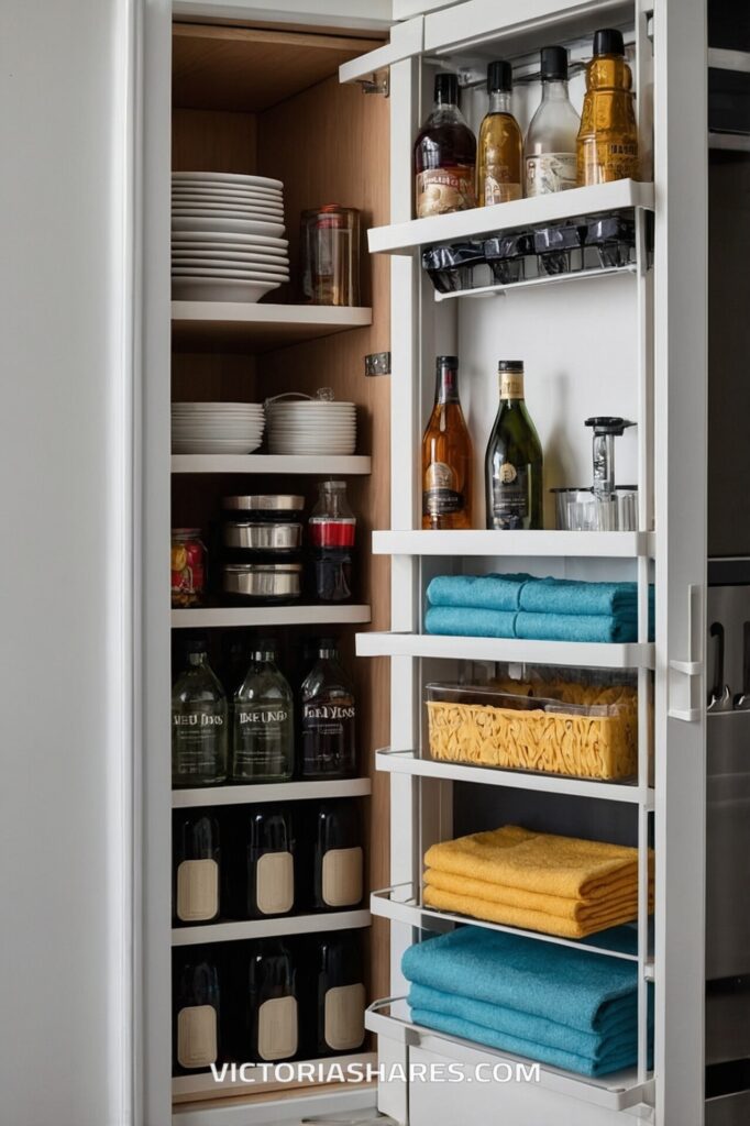 An over-the-door organizer neatly holds bottles, towels, and pasta containers, adjacent to shelves with dishes, offering a practical solution for a quick cleanup and efficient storage.